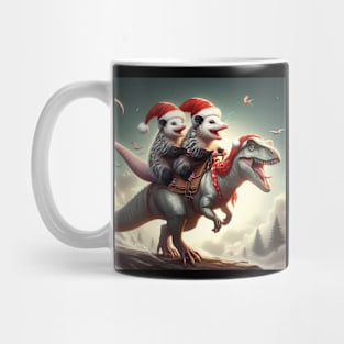 Two Santa opossums on an adventurous dinosaur trex ride Mug